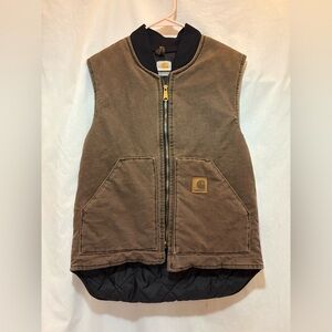 Vintage Carhartt Brown Zip-Up Canvas Quilted Lining Utility Vest with Logo Patch